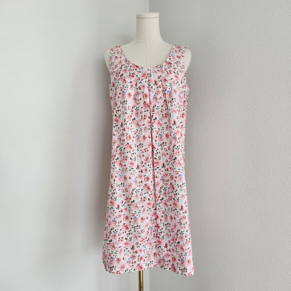 Vintage 80s Stitched by Fay Pink Floral Sleeveless Cotton Dress Pull On L - Picture 1 of 10